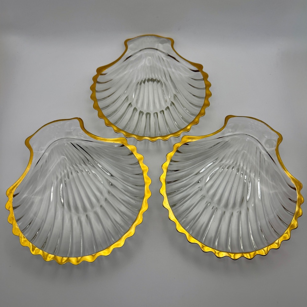 Vintage Shell Glass Dishes Gold Trim Set Coastal Beach House Nautical Bowls